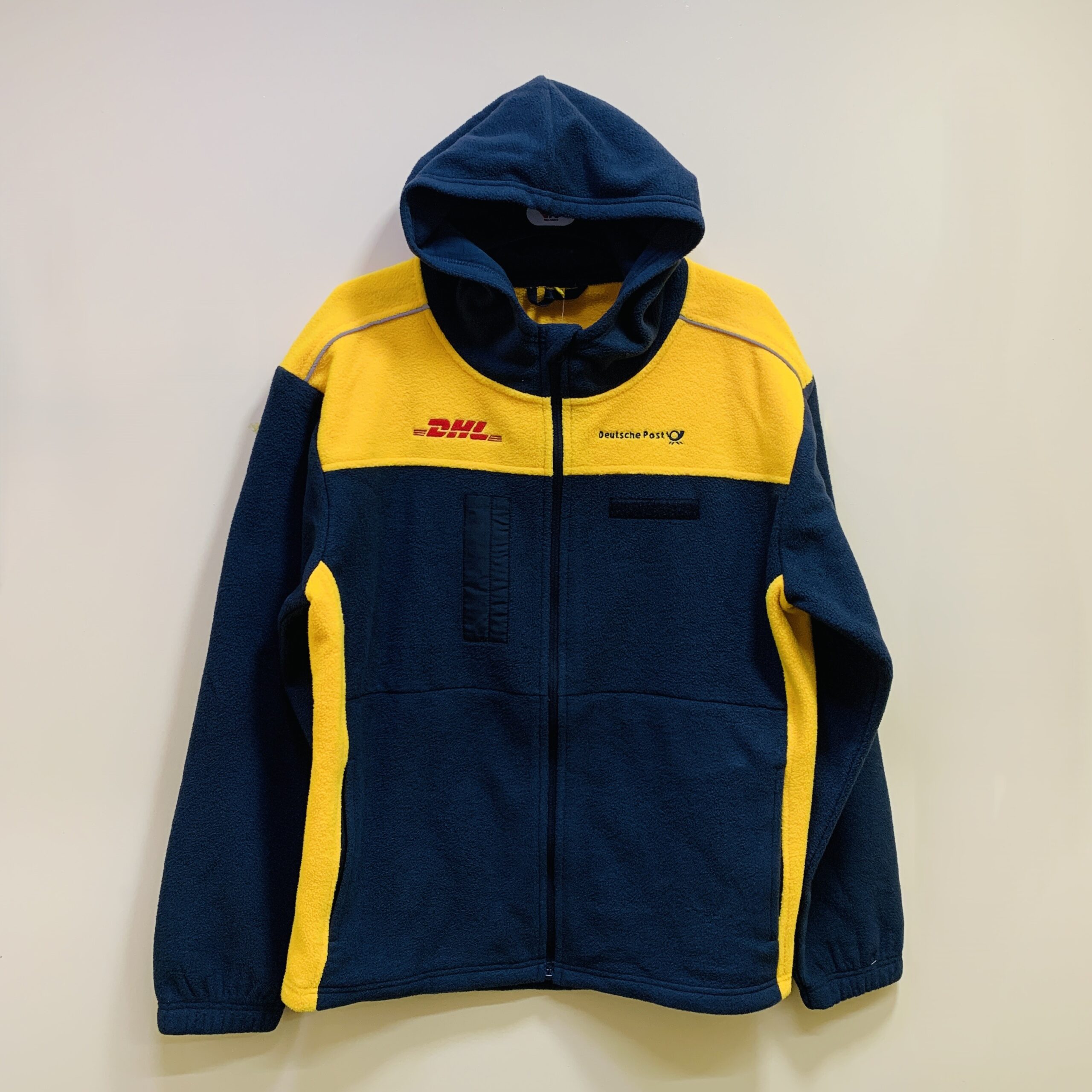 Navy and yellow hooded work jacket front view – M&A Sourcing Ltd.